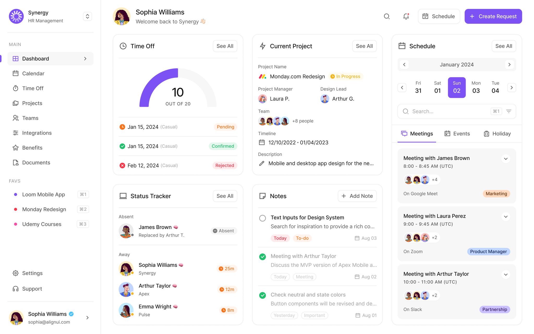 Synergy HR dashboard showing time off, current project, schedule and notes